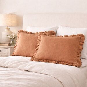 100% Ruffled French Linen Pillow Sham Set Of 2 Terracotta 20X26 Rustic Farmhouse